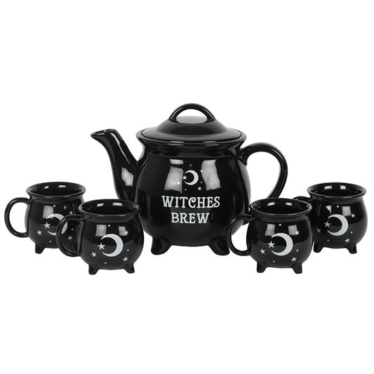 Black ceramic teapot and four mugs with 'Witches Brew' text and moon designs on a white background.