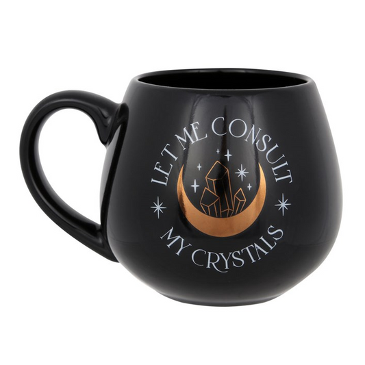 Black mug with a design and text on a white background
