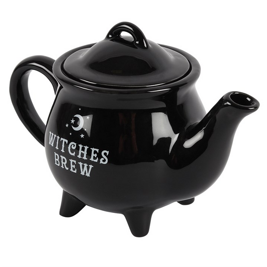 Black teapot with 'Witches Brew' text on a white background