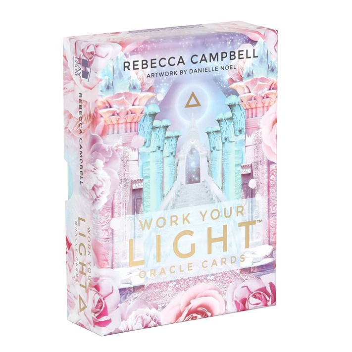 Card deck packaging with 'Rebecca Campbell' and 'Work Your Light' text on a white background