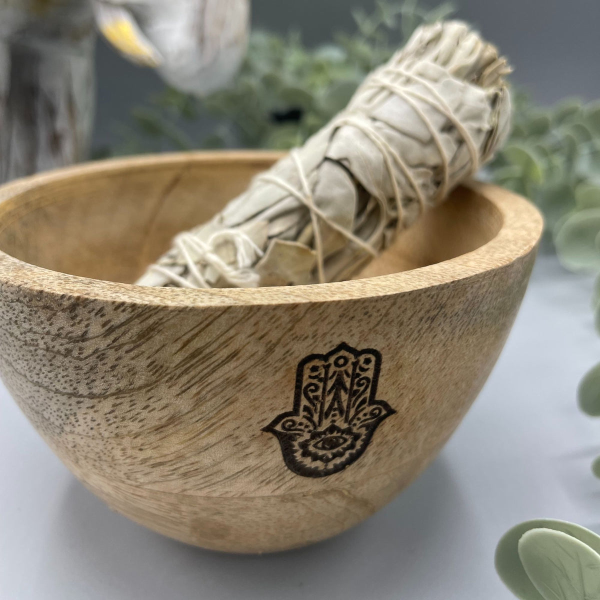 Wooden Smudge Bowl - Hamsa - Small