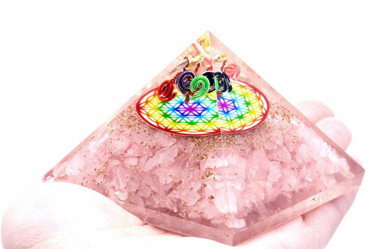 Orgonite Pyramid - Rose Quartz Rainbow Flower of Life