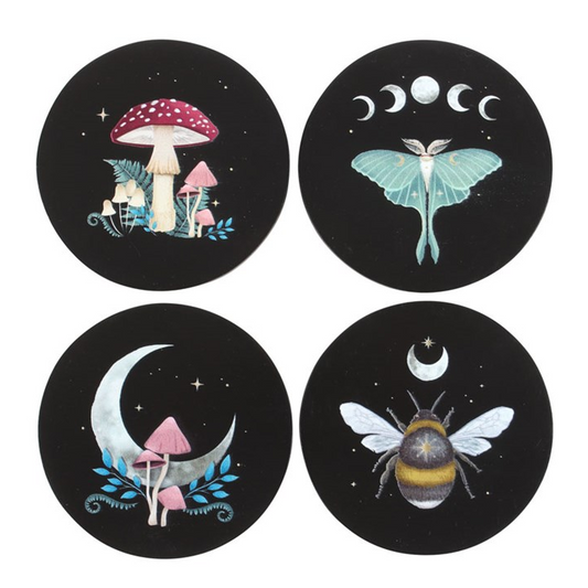 Set of four circular stickers with nature-themed designs on a white background