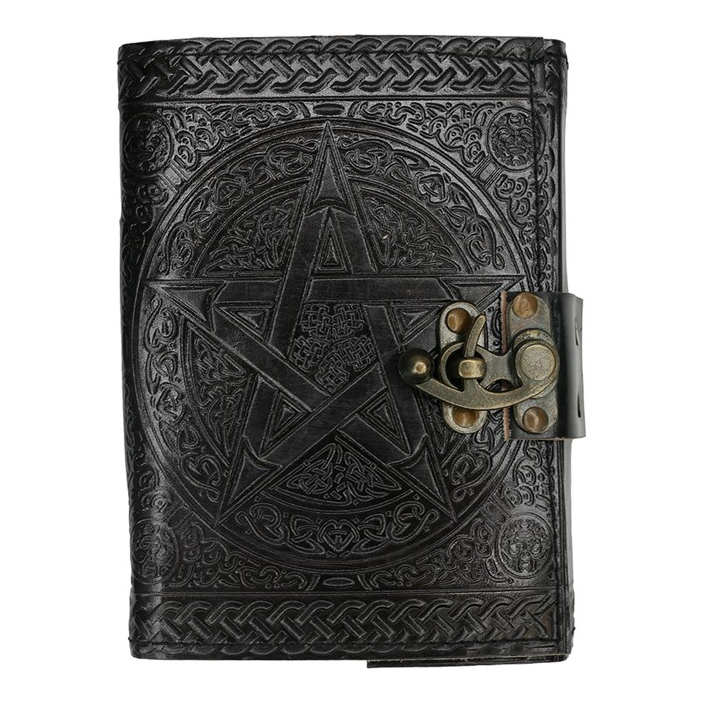 Black leather journal with pentagram design and brass clasp on a white background
