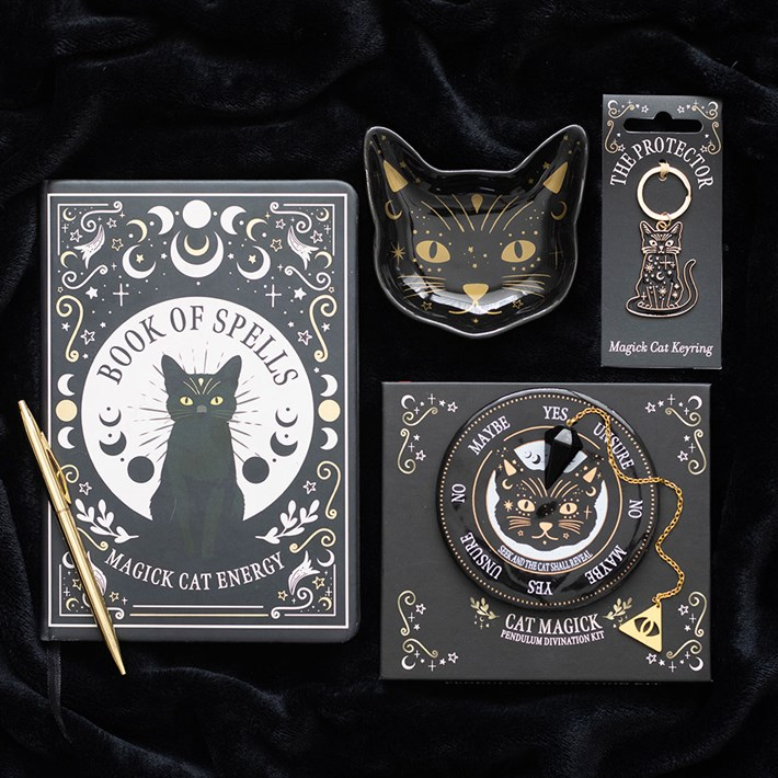 Set of cat-themed products including a book, keychain, and card on a black background