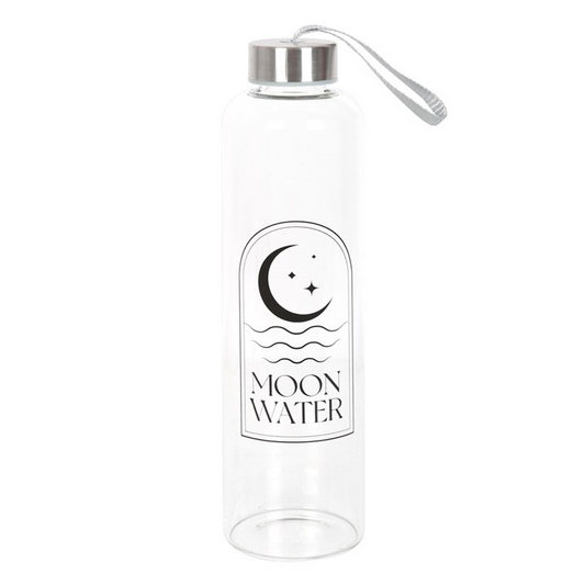 Clear water bottle with 'Moon Water' label featuring a moon and star design on a white background
