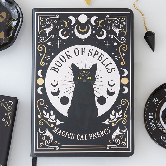 Decorative notebook titled 'Book of Spells: Magick Cat Energy' with a black cat illustration on a white background.