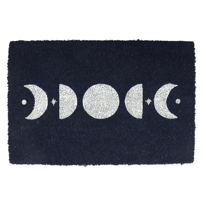 Black doormat with white moon phases design on a white background