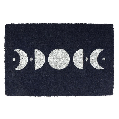 Black doormat with white moon phases design on a white background