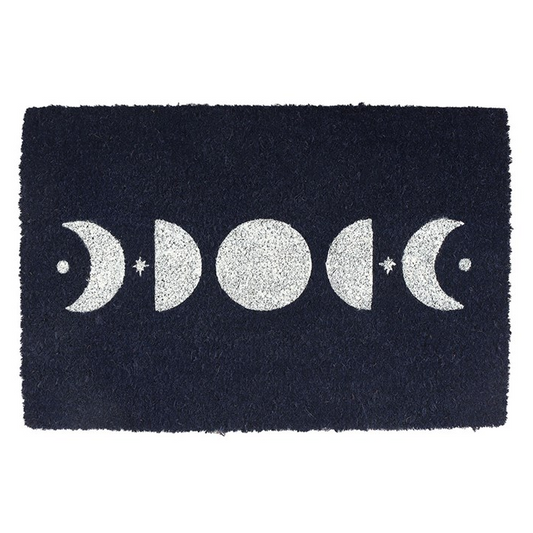 Black doormat with white moon phases design on a white background