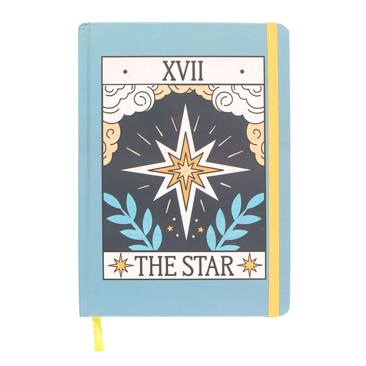 Notebook with star design and 'The Star' tarot card illustration on a white background