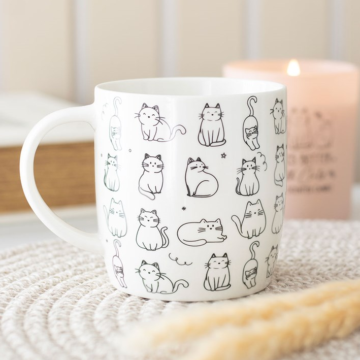 White Happy Cat Print Mug
