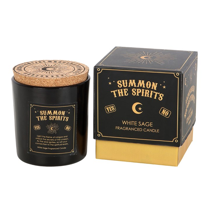 Black candle with wooden lid and packaging box labeled 'Summon the Spirits' on a white background