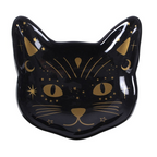 Black cat-shaped dish with gold detailing on a white background