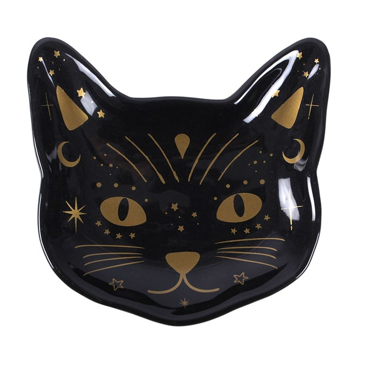 Black cat-shaped dish with gold detailing on a white background