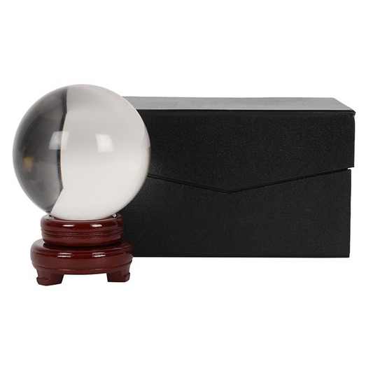 Crystal ball on a wooden stand with a black box in the background