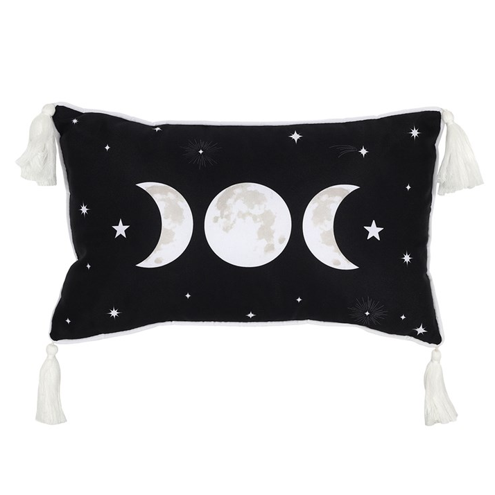 Decorative pillow with moon phases and tassels on a white background
