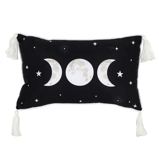 Decorative pillow with moon phases and tassels on a white background