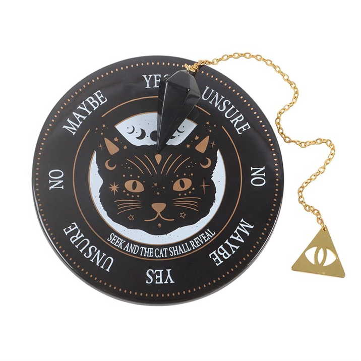 Black circular fortune teller with cat design and gold chain on a white background