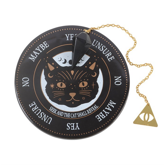 Black circular fortune teller with cat design and gold chain on a white background