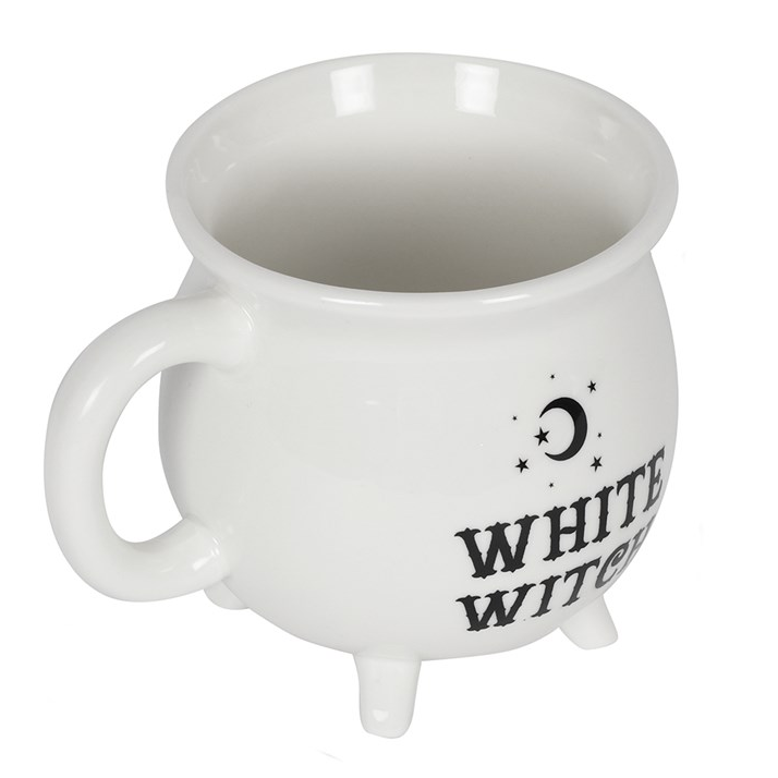 White mug with 'White Witch' text and moon design on a white background