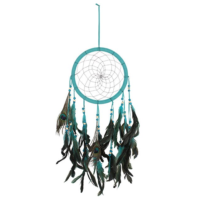 A dreamcatcher with a turquoise blue hoop, webbing, and hanging beads, decorated with black and dark teal feathers, shown against a plain white background.