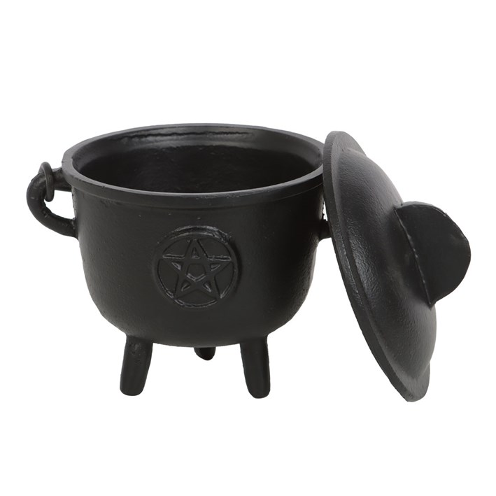 Black cast iron cauldron with lid on a white background