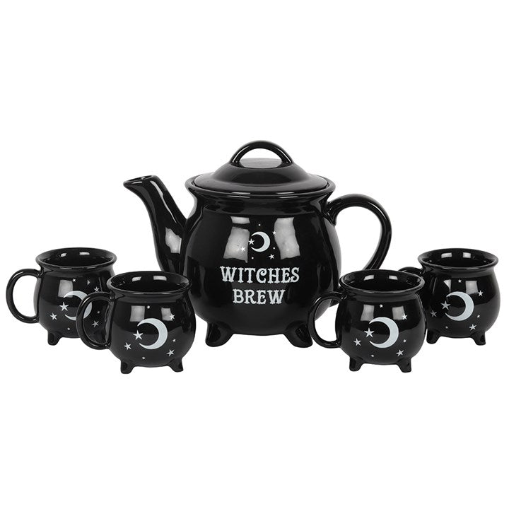 Black ceramic teapot and four mugs with 'Witches Brew' text and moon designs on a white background.