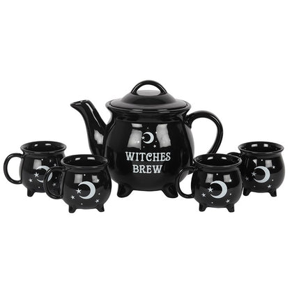Black ceramic teapot and four mugs with 'Witches Brew' text and moon designs on a white background.