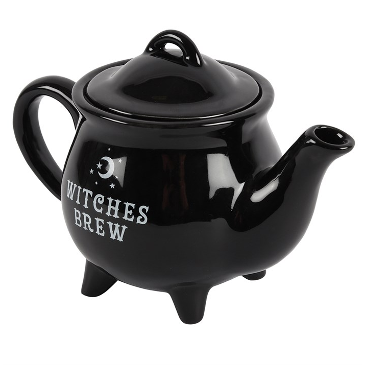 Black teapot with 'Witches Brew' text on a white background