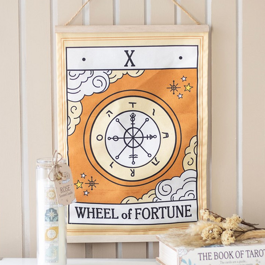 Framed artwork with 'Wheel of Fortune' design on a shelf.