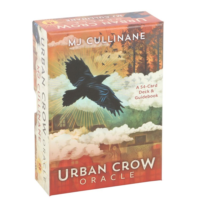 Urban Crow Oracle deck box by MJ Cullinane, featuring artwork of a crow flying over clouds at sunset, with the title 'Urban Crow Oracle' and 'A 54-Card Deck & Guidebook' on a white background.
