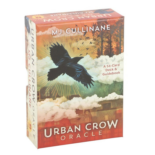 Urban Crow Oracle deck box by MJ Cullinane, featuring artwork of a crow flying over clouds at sunset, with the title 'Urban Crow Oracle' and 'A 54-Card Deck & Guidebook' on a white background.