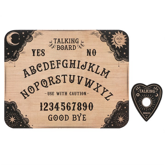 Ouija board with black decorative elements on a white background