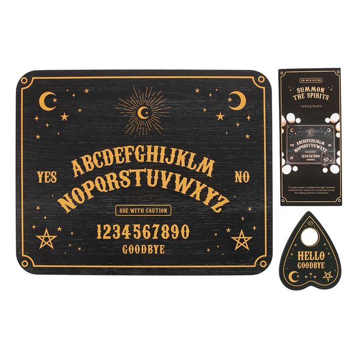 Ouija board set with cards and handle on a white background