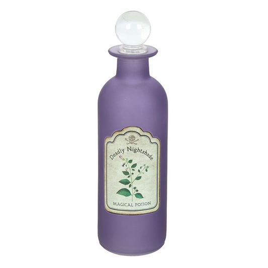 Purple potion bottle with a label on a white background