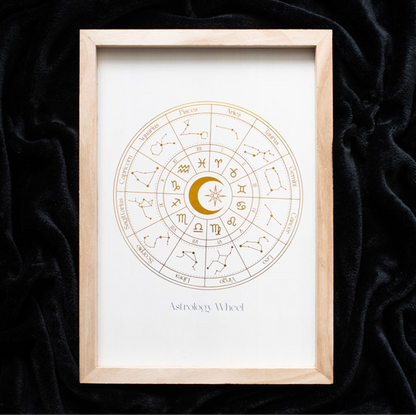 A framed astrology wheel art print featuring a circular zodiac chart in gold and brown on a white background, housed in a light natural wood frame and displayed against a black velvet backdrop.