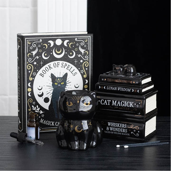 Black Cat Book Stack Oil Burner with Cat