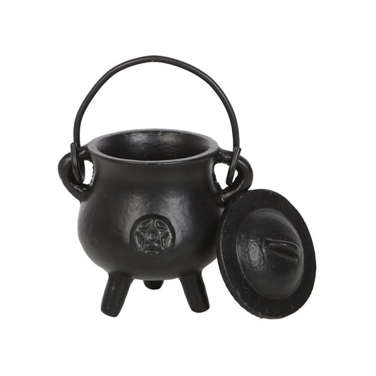 Black cast iron cauldron with lid on a white background
