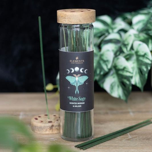 Glass bottle with wooden lid containing white sage sticks on a wooden surface with plants in the background.