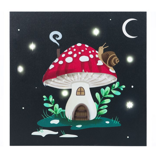 A square art print or card featuring a whimsical illustration of a mushroom house at night. The red and white spotted mushroom cap sits over a small white house with a brown door, surrounded by green leaves, a winding blue smoke, a brown snail on the cap, and a white crescent moon against a dark starry sky.