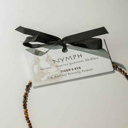 Nymph Tiger's Eye Gemstone Necklace with Real Leaf Butterfly Pendant