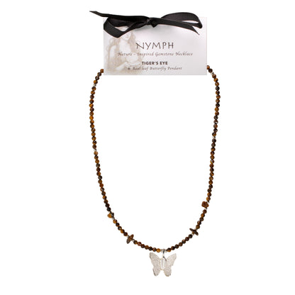 Nymph Tiger's Eye Gemstone Necklace with Real Leaf Butterfly Pendant
