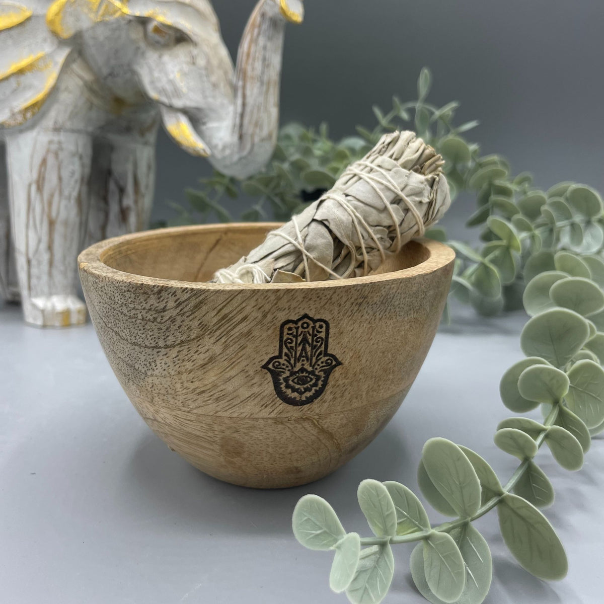Wooden Smudge Bowl - Hamsa - Small