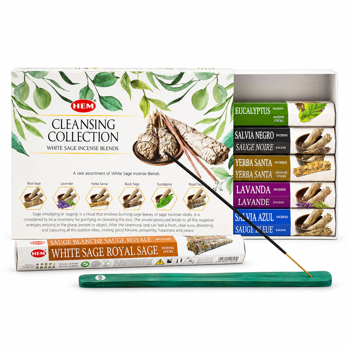 HEM Hexagonal Incense - White Sage Collection & Ashcatcher (Pack of 6)