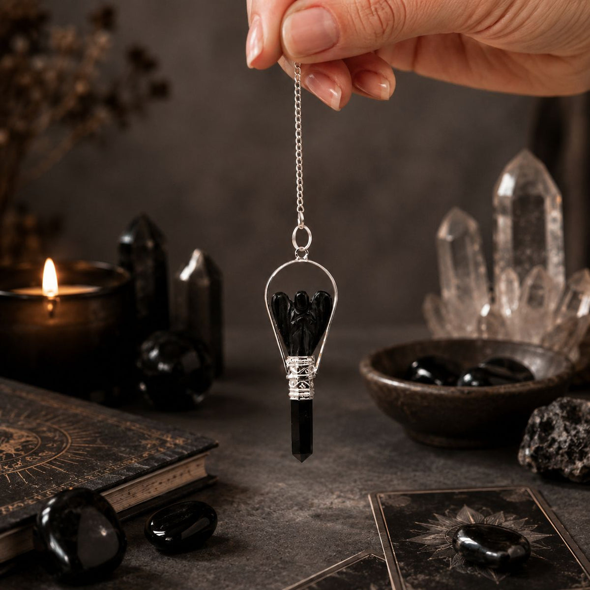 Angel Pendulum with Ring - Black Agate