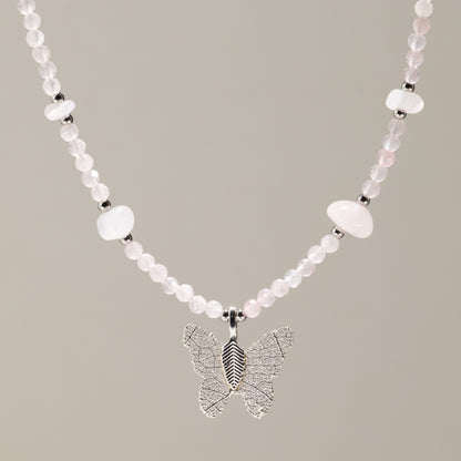 Nymph Rose Quartz Gemstone Necklace with Real Leaf Butterfly Pendant