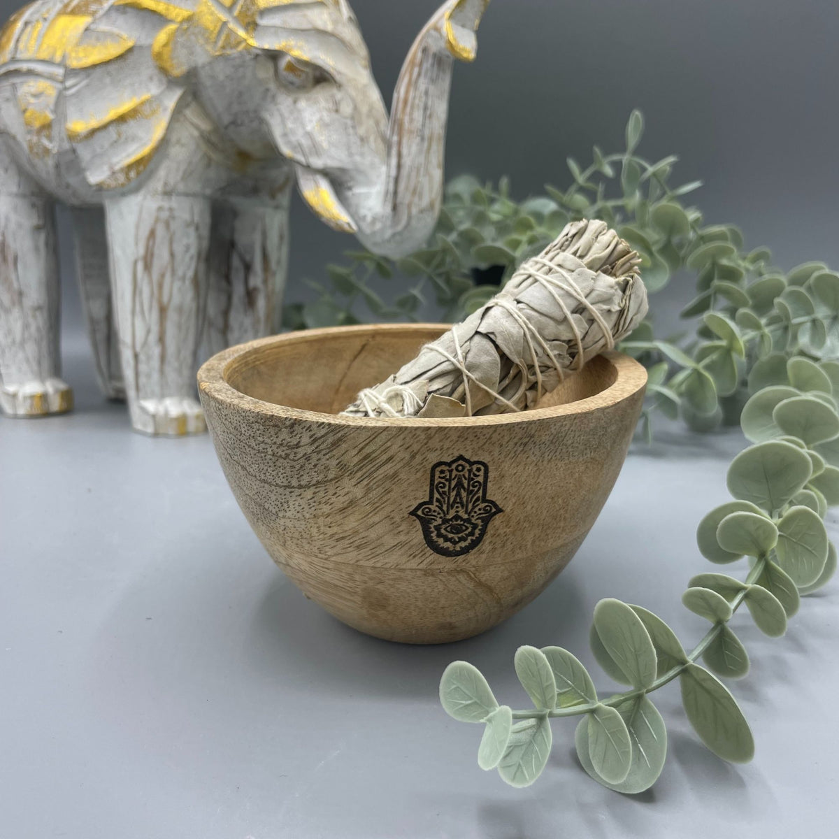 Wooden Smudge Bowl - Hamsa - Small