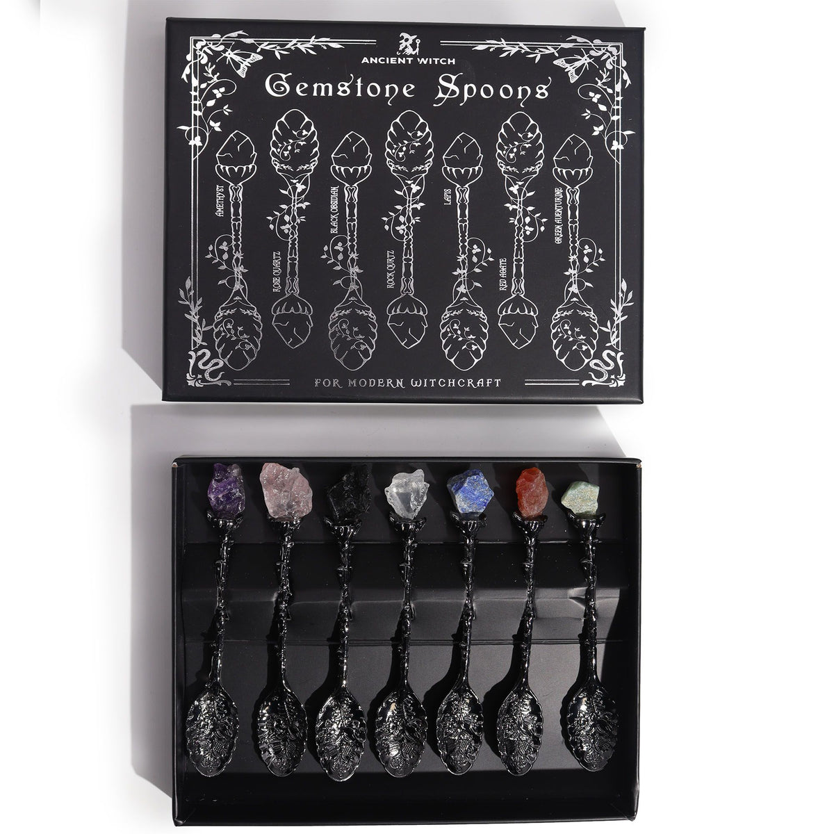 Dark Silver Gemstone Crystal Witch Spoons - Set of 7
