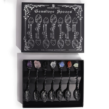 Dark Silver Gemstone Crystal Witch Spoons - Set of 7